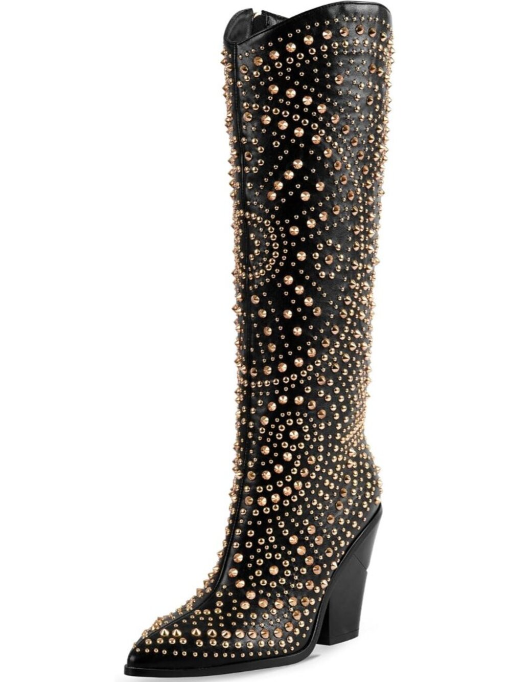 Women's Black Boots Pointed Toe and Chunky Heel Boots Luxurious Studded Boots
